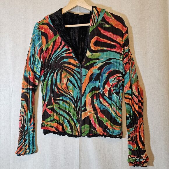 Alberto Makali Jacket Women L Reversible Black Crushed Velvet Colorful Hood - Picture 7 of 10